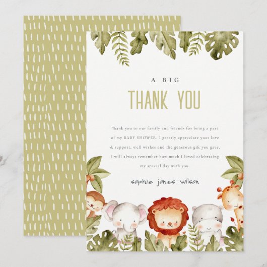 Cute Wild Tropical Safari Animals Baby shower Bedankkaart (Voorkant / Achterkant)