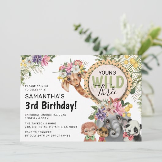 Cute Wild, Young & Three Oerwoud 3rd Birthday Part Kaart (Staand voorkant)