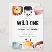 Cute Wilde Eén Safari Dieren Jongen Eerste Verjaar Kaart (Voorkant)