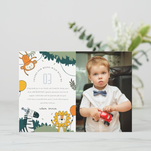 Cute Wilde Jungle Dieren Kinderen Foto Verjaardag Bedankkaart (Staand voorkant)