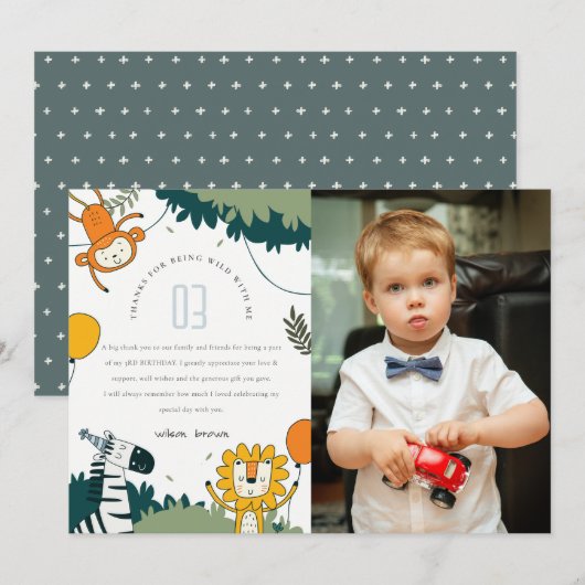 Cute Wilde Jungle Dieren Kinderen Foto Verjaardag Bedankkaart (Voorkant / Achterkant)