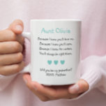 Cute Will you be my Godmoeder Poem Photo Koffiemok<br><div class="desc">Vraag die speciale vrouw in je leven om de peetmoeder van je kind te zijn met deze gepersonaliseerde mok van het godmoedervoorstel voor koffie. Pas deze schattige mok met een foto van uw kind en hun naam aan.</div>