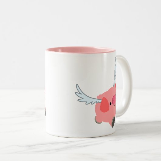 Cute Winged Cartoon Pig Tweekleurige Koffiemok (Voorkant rechts)
