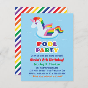 Cute Winged Unicorn Pool Float Kids Birthday Party Kaart