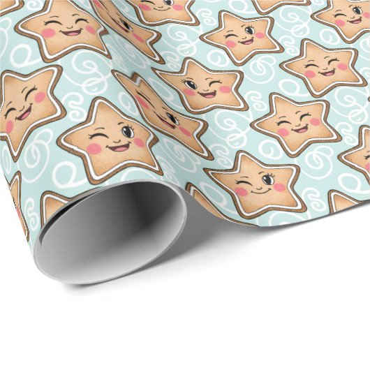 Cute Winking Gingerbread Star Cookie Pattern Cadeaupapier (Rol Hoek)