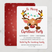 Cute Winking Reindeer Red Nose Christmas Party Kaart (Voorkant / Achterkant)