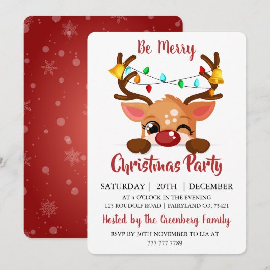 Cute Winking Reindeer Red Nose Christmas Party Kaart (Voorkant / Achterkant)