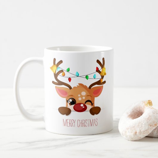 Cute Winking Rudolf Reindeer with Christmas Lights Koffiemok (Met donut)