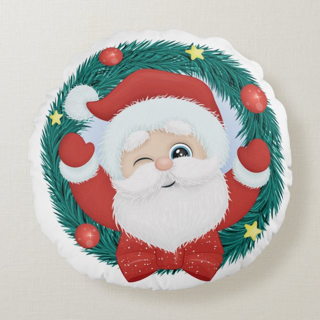 Cute Winking Santa Rond Kussen (Voorkant)
