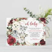 Cute Winter Animals Burgundy Floral Greenery Baby Kaart (Staand voorkant)
