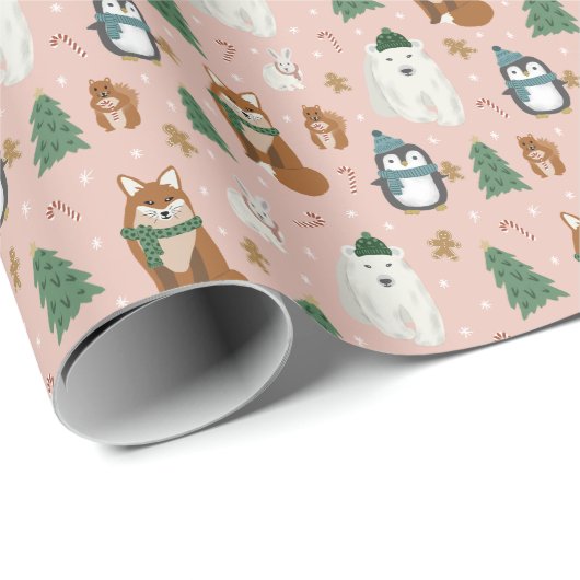 Cute Winter Animals Pattern Kerstmis Cadeaupapier (Rol Hoek)