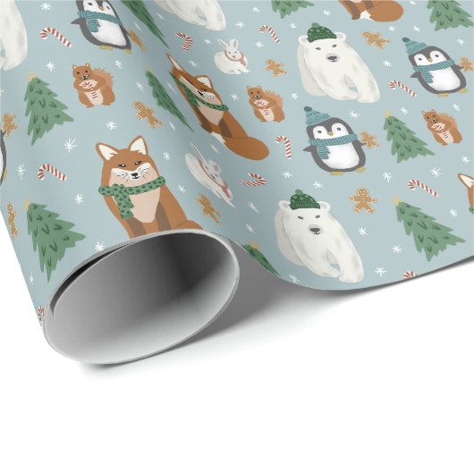 Cute Winter Animals Pattern Kerstmis Cadeaupapier (Rol Hoek)