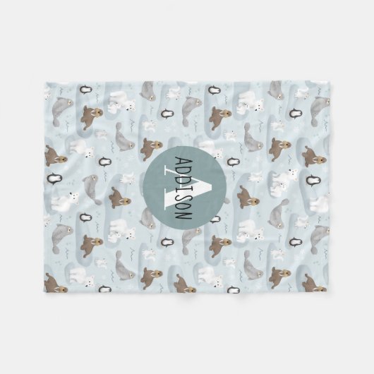 Cute Winter Arctic Animals Blue Monogram Kinder Fleece Deken (Voorkant (Horizontaal))