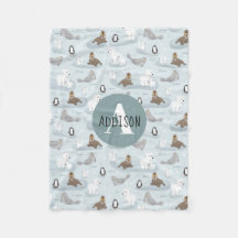 Cute Winter Arctic Animals Blue Monogram Kinder