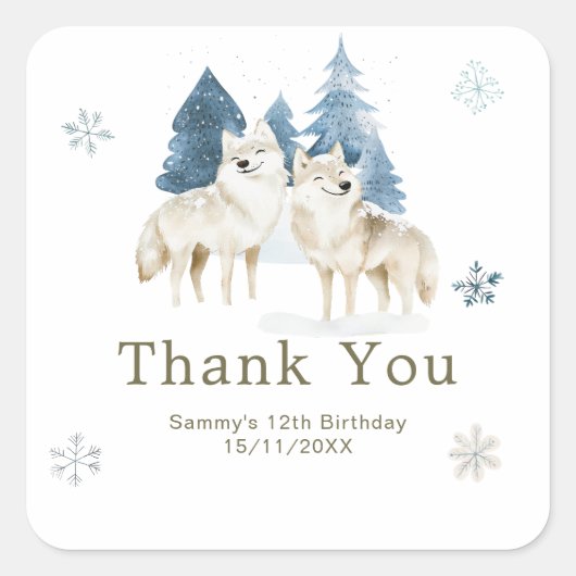 Cute Winter Arctic Wolf Birthday Party Vierkante Sticker (Voorkant)