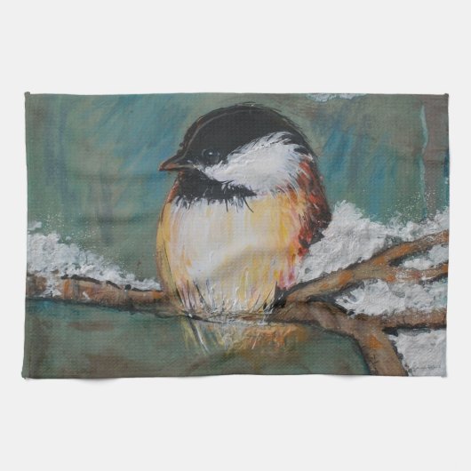Cute Winter Black Capped Chickadee Bird Theedoek (Horizontaal)