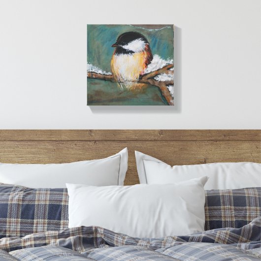 Cute Winter Black Capped Chickadee Canvas Print (Insitu (Slaapkamer))
