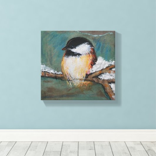 Cute Winter Black Capped Chickadee Canvas Print (Insitu (Houten vloer))