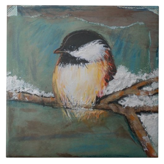 Cute Winter Black Capped Chickadee | Grote tegel Tegeltje (Voorkant)