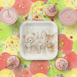 Cute Winter Bosdieren Kinderen Kerstpret Papier Papieren Bordje