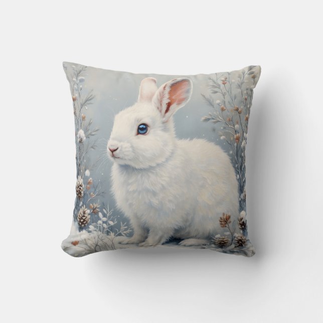 Cute Winter Bunny – White Rabbit with Blue Eyes Kussen (Voorkant)