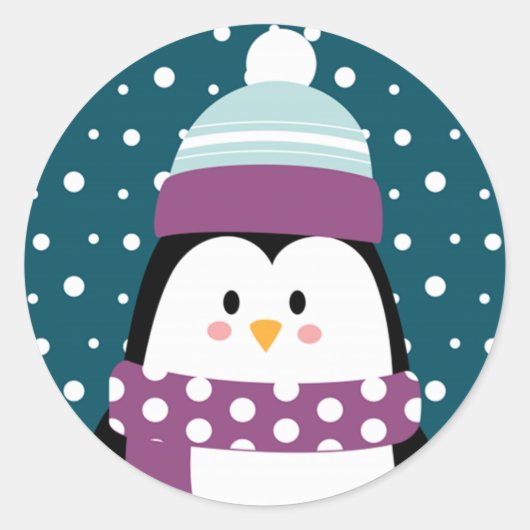 Cute Winter Cartoon Penguin Snowflake Ronde Sticker (Voorkant)
