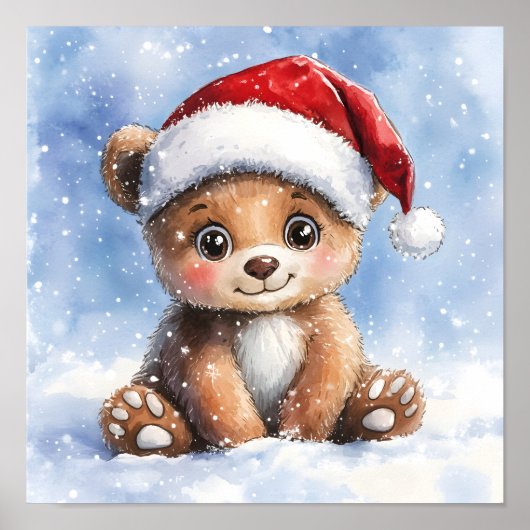 Cute Winter Christmas Santa Bear Cub Watercolor  Poster (Voorkant)