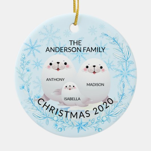 Cute Winter Family of 3 Seals Kerstmis Keramisch Ornament (Voorkant)