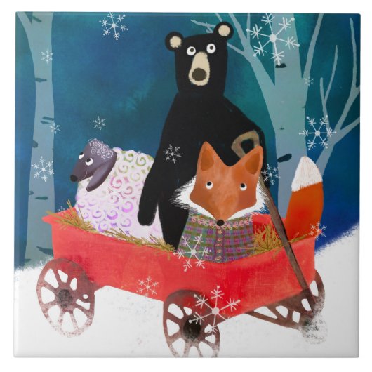 Cute Winter Friends in Red Wagon Ceramic Tile Tegeltje (Voorkant)