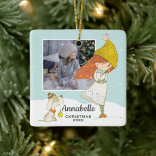 Cute Winter Girl en Dog Illustratie Foto Keramisch Ornament