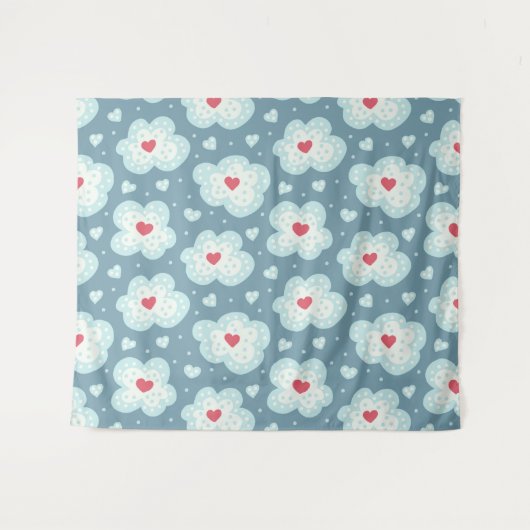 Cute Winter Hearts and Snowy Clouds Pattern Wandkleed (Voorkant (horizontaal))