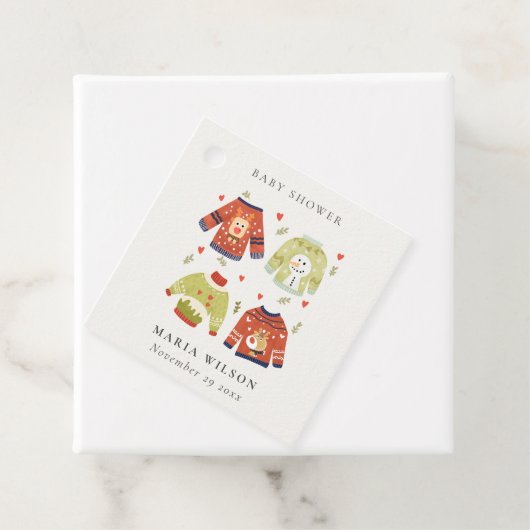 Cute Winter Hearts Leafy Ugly Sweater Baby shower Bedankjes Labels (In situ)