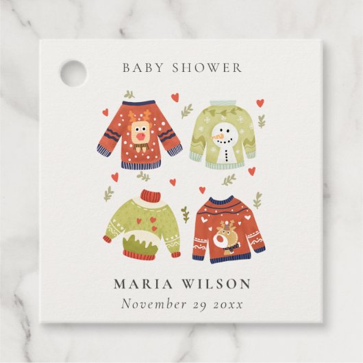 Cute Winter Hearts Leafy Ugly Sweater Baby shower Bedankjes Labels (Voorkant)