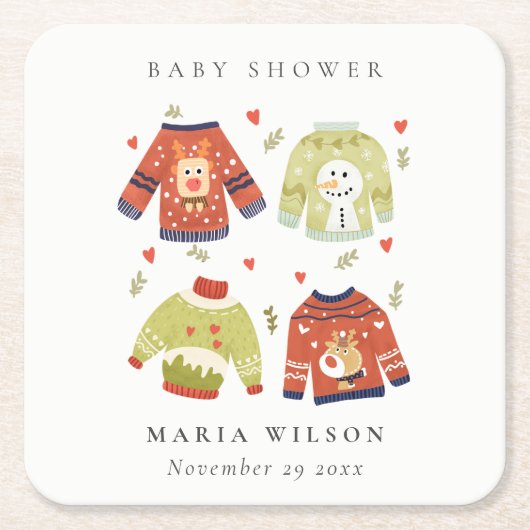 Cute Winter Hearts Leafy Ugly Sweater Baby shower Kartonnen Onderzetters (Voorkant)