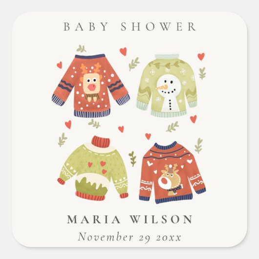 Cute Winter Hearts Leafy Ugly Sweater Baby shower Vierkante Sticker (Voorkant)