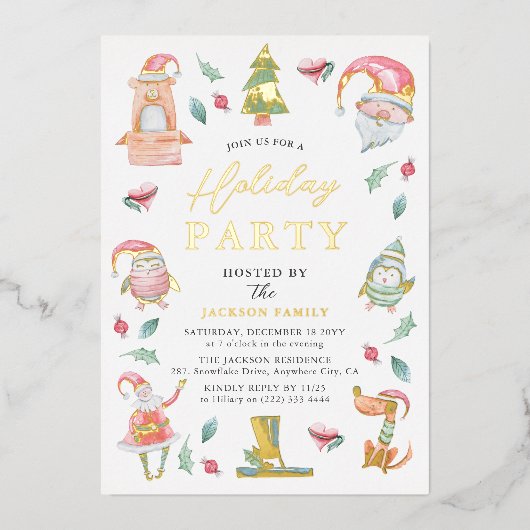 Cute Winter Kerstfeestdag Gold Folie Uitnodiging (Voorkant)