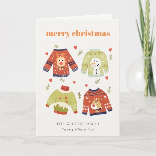Cute Winter Kerstmis Hearts Leafy Ugly Sweater Feestdagen Kaart (Voorkant)