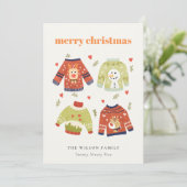 Cute Winter Kerstmis Hearts Leafy Ugly Sweater Feestdagenkaart (Staand voorkant)