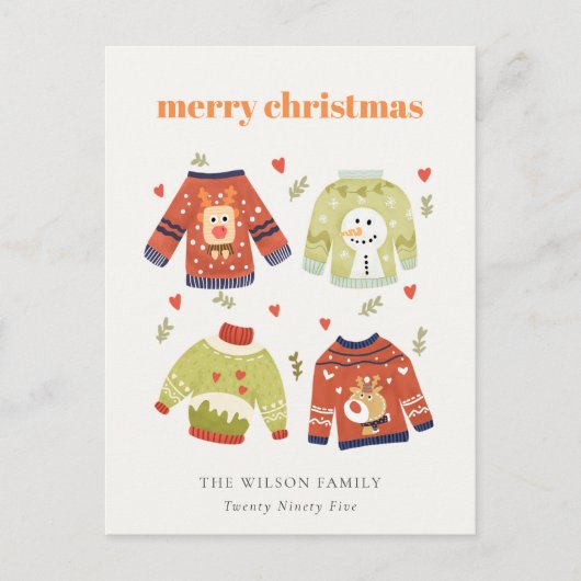 Cute Winter Kerstmis Hearts Leafy Ugly Sweater Feestdagenkaart (Voorkant)