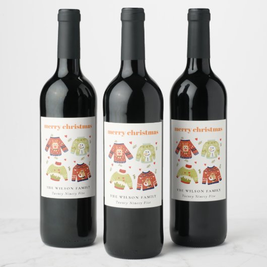 Cute Winter Kerstmis Hearts Leafy Ugly Sweater Wijn Etiket (Flessen)