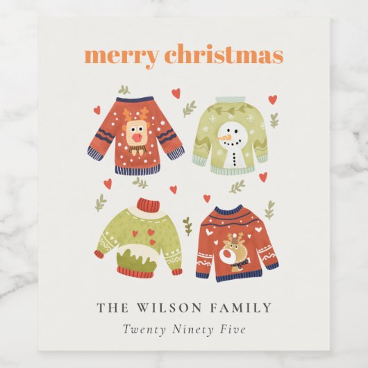 Cute Winter Kerstmis Hearts Leafy Ugly Sweater Wijn Etiket (Enkel label)