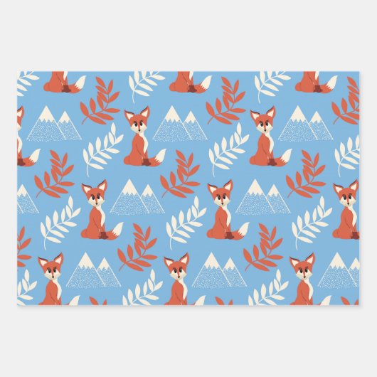 Cute Winter Oranje Fox Mountains Leaf Pattern Inpakpapier Vel (Voorkant 3)