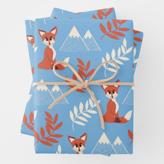 Cute Winter Oranje Fox Mountains Leaf Pattern Inpakpapier Vel (In situ)