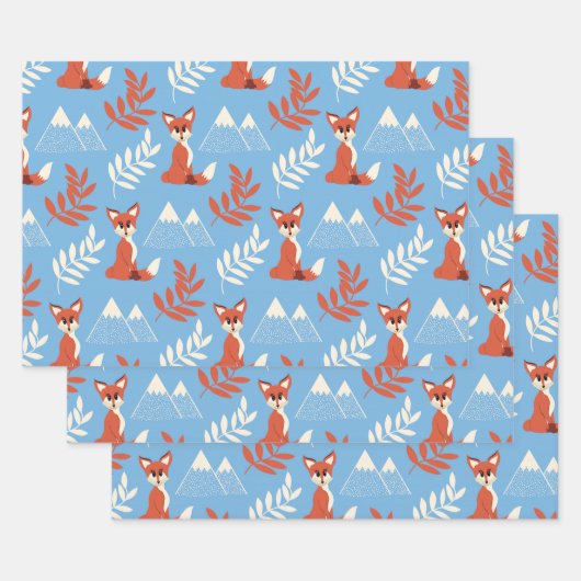 Cute Winter Oranje Fox Mountains Leaf Pattern Inpakpapier Vel (Set)