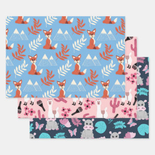 Cute Winter Oranje Fox Mountains Leaf Pattern Inpakpapier Vel