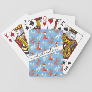 Cute Winter Oranje Fox Mountains Leaf Pattern Pokerkaarten
