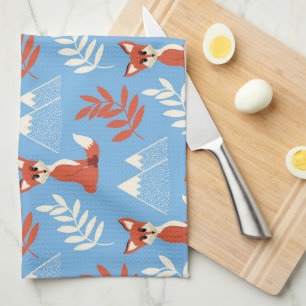 Cute Winter Oranje Fox Mountains Leaf Pattern Theedoek