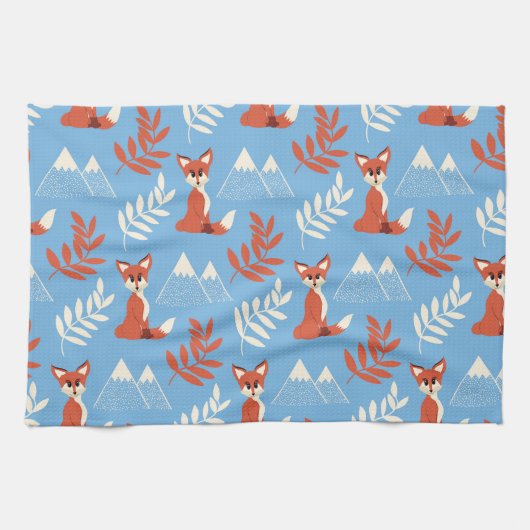 Cute Winter Oranje Fox Mountains Leaf Pattern Theedoek (Horizontaal)