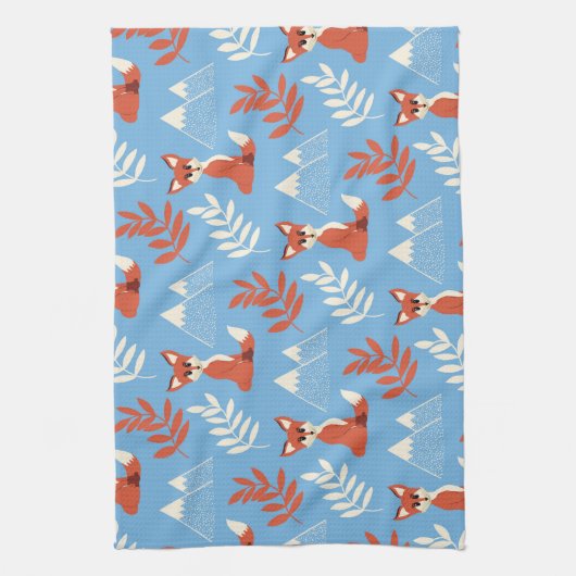 Cute Winter Oranje Fox Mountains Leaf Pattern Theedoek (Verticaal)