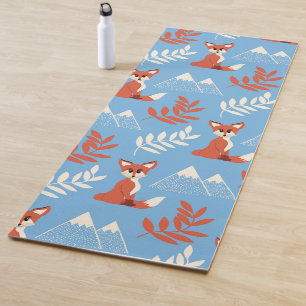 Cute Winter Oranje Fox Mountains Leaf Pattern Yogamat